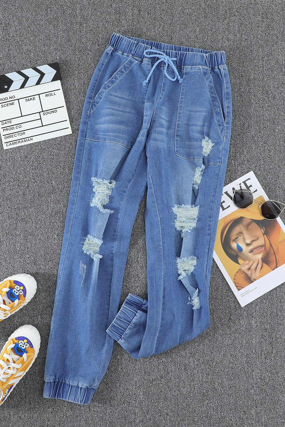 Sky Blue Pocketed Distressed Denim Joggers