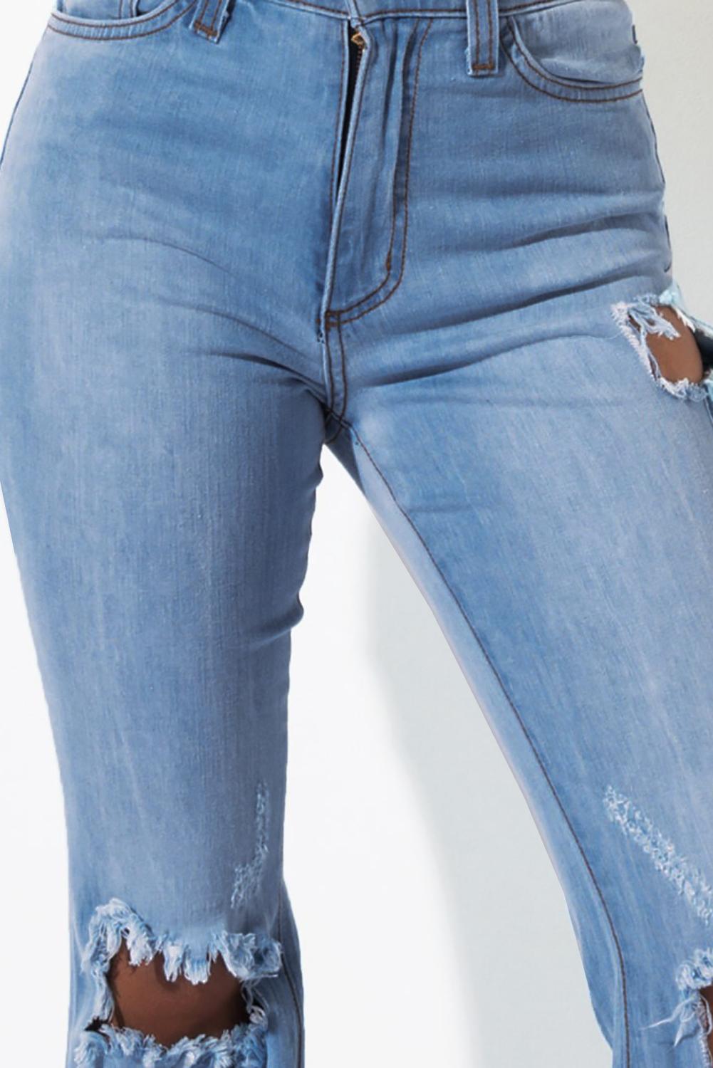 Sky Blue High Waisted Distressed Flare Jeans
