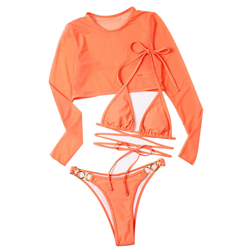 Solid color long-sleeved perspective mesh bikini three-piece swimsuit