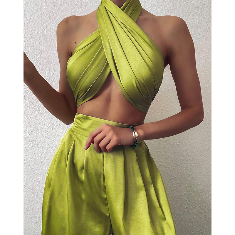 Satin Wrap Top with Matching Pants