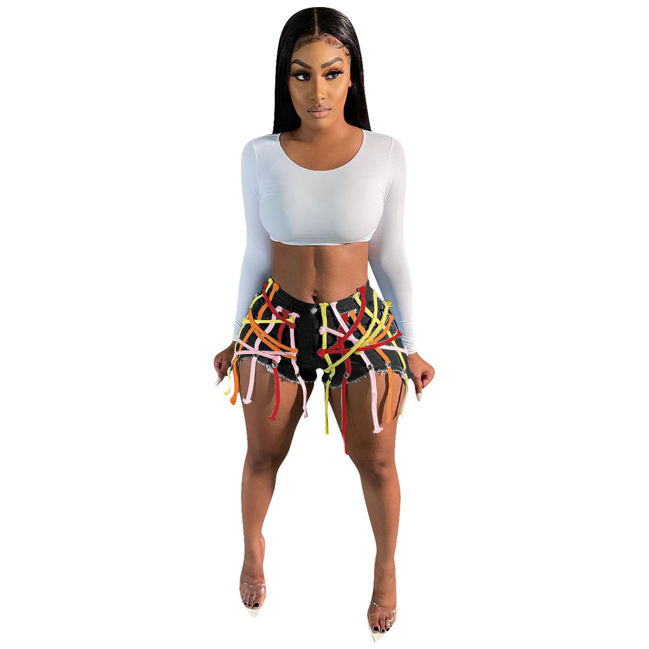 Straps Galore Stitched Denim Shorts