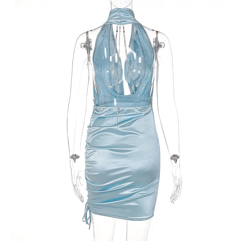 Satin Ruched Halter Dress With Back Chains