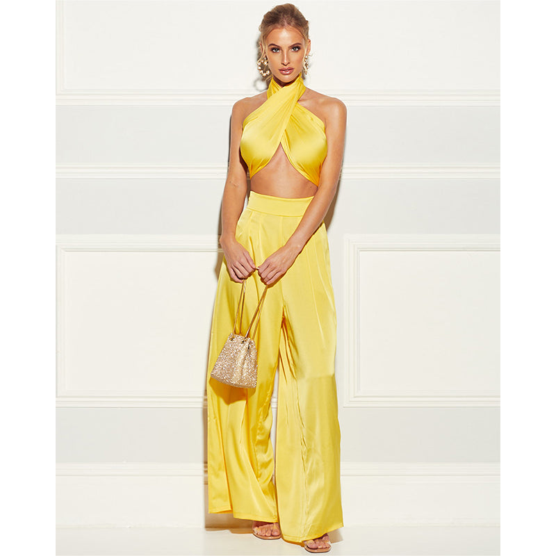 Satin Wrap Top with Matching Pants