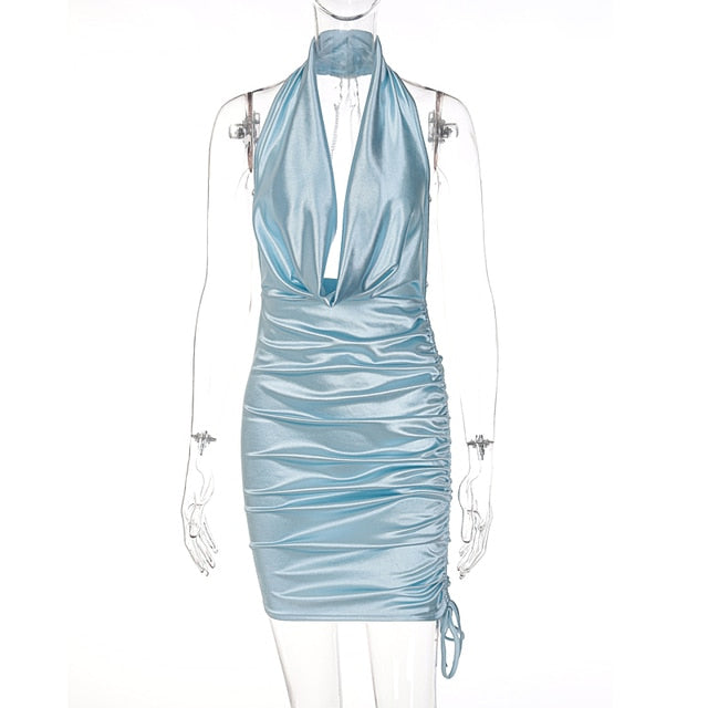 Satin Ruched Halter Dress With Back Chains