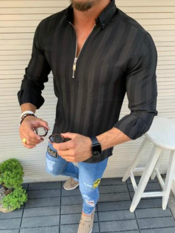 Men's Casual Striped Zippered Shirt