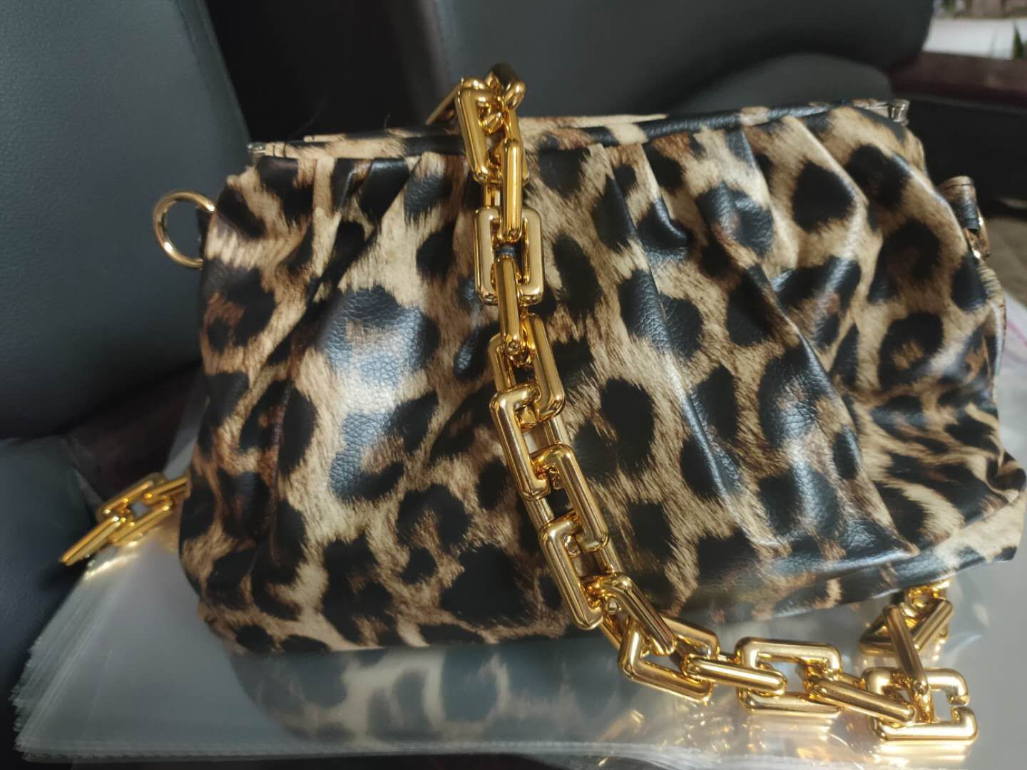 Ruched Purse with Gold Chain Strap