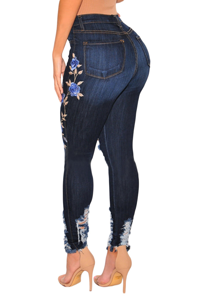 Dark Denim Embroidered Destroyed High Waist Skinny Jeans