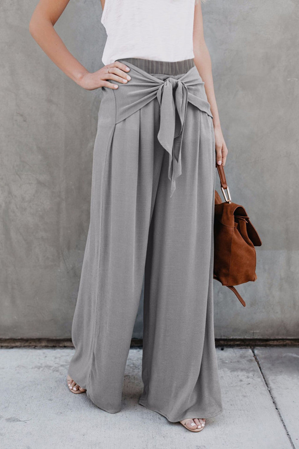 Gray Tie Knot Wide Leg Pants