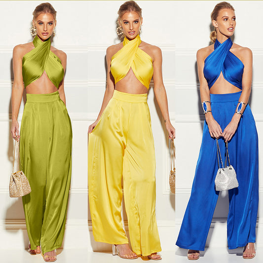 Satin Wrap Top with Matching Pants