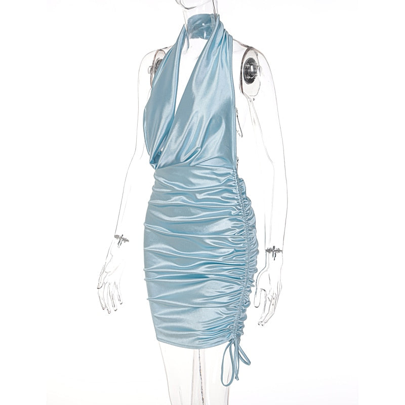 Satin Ruched Halter Dress With Back Chains