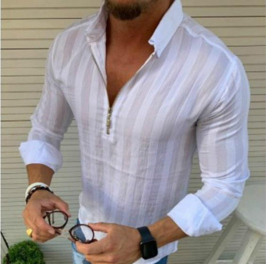 Men's Casual Striped Zippered Shirt