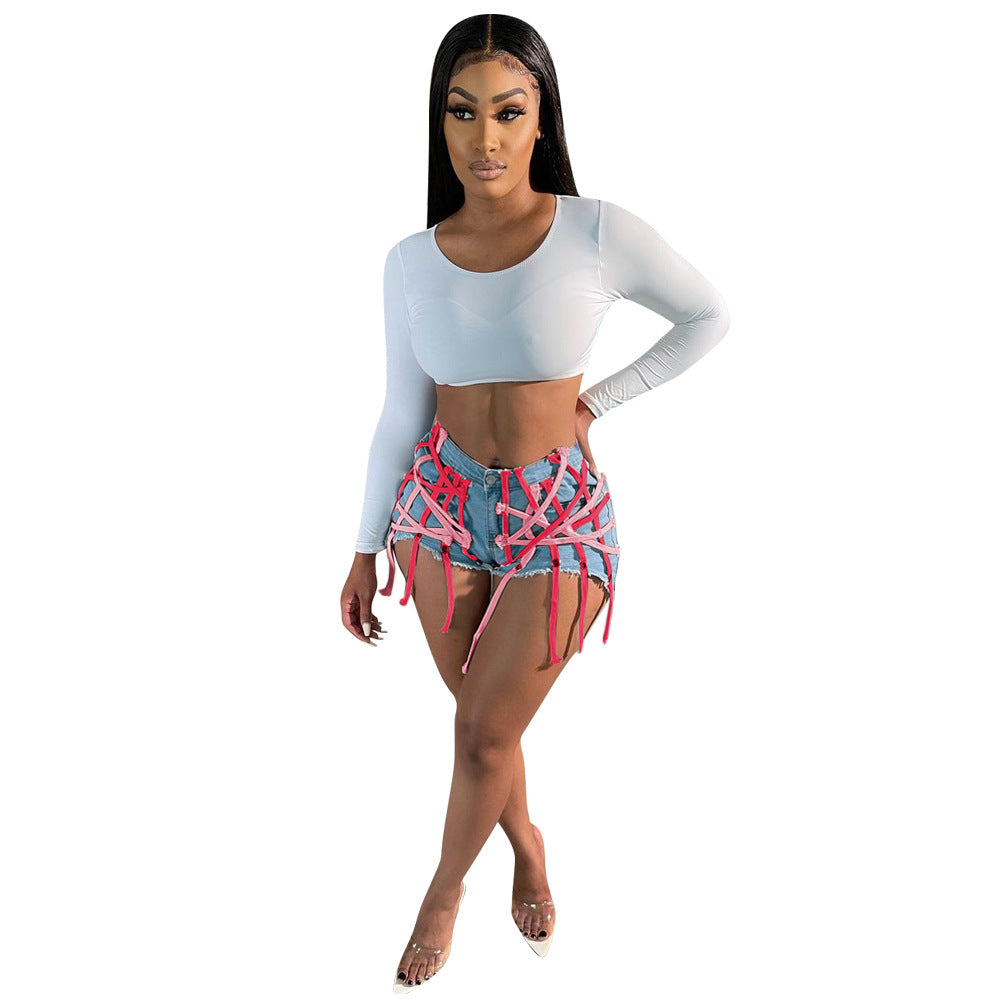 Straps Galore Stitched Denim Shorts