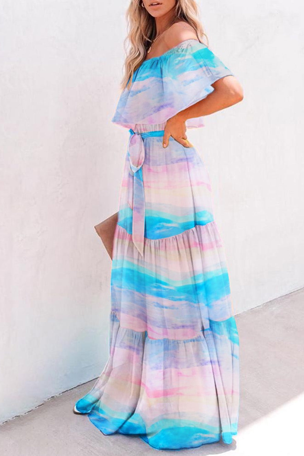 Sky Blue Printed Off-the-shoulder Tiered Maxi Dress