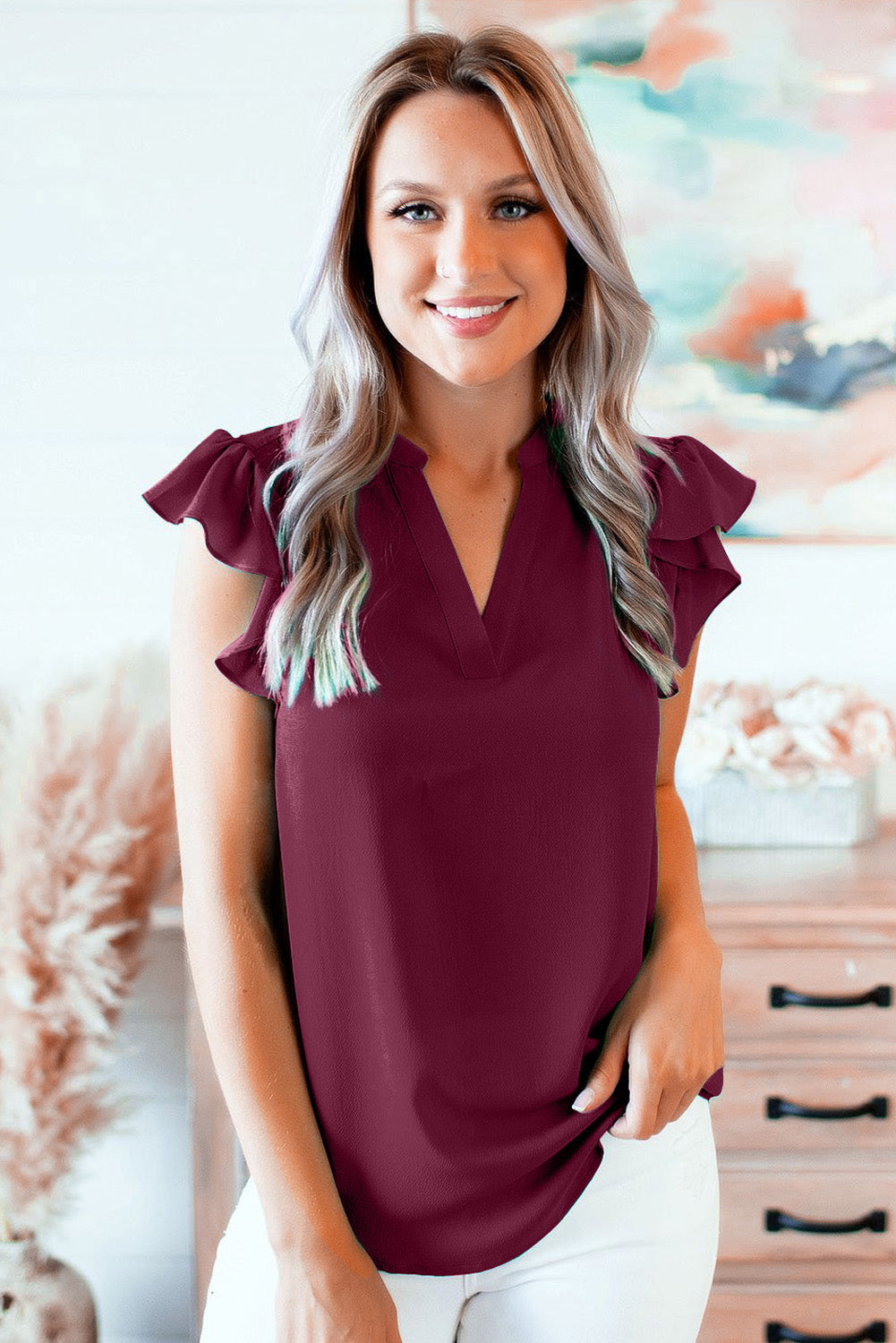 Red Ruffled Sleeveless V Neck Top