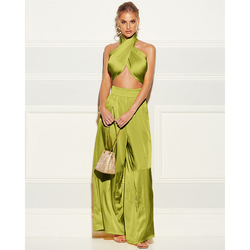 Satin Wrap Top with Matching Pants