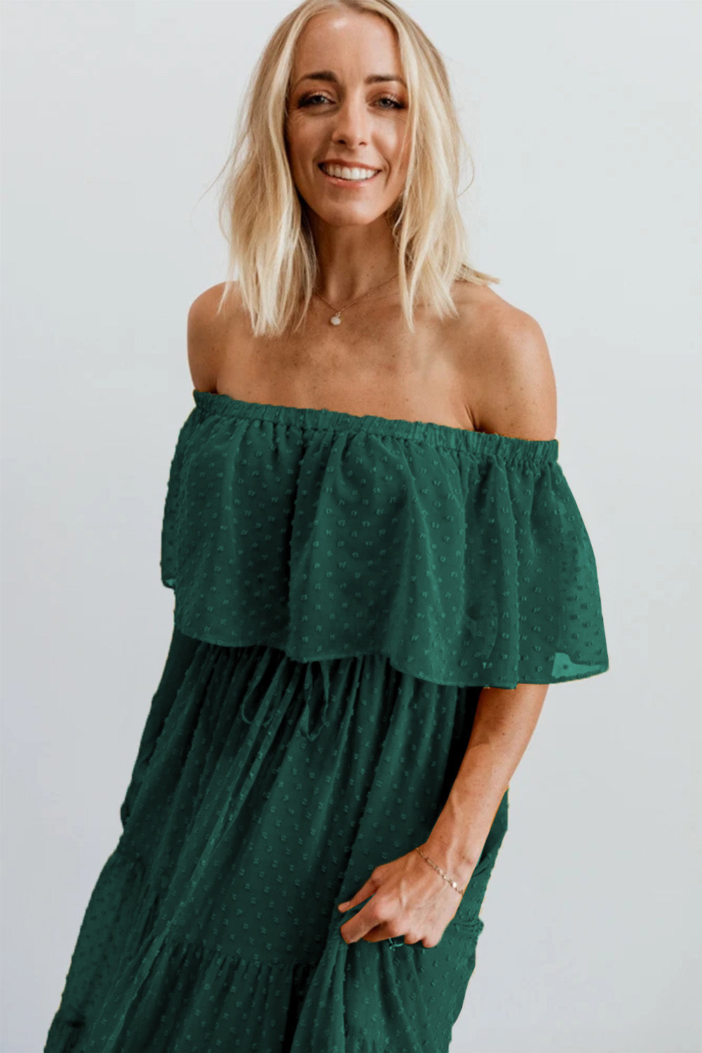 Green Off Shoulder Ruffle Swiss Dot Maxi Dress