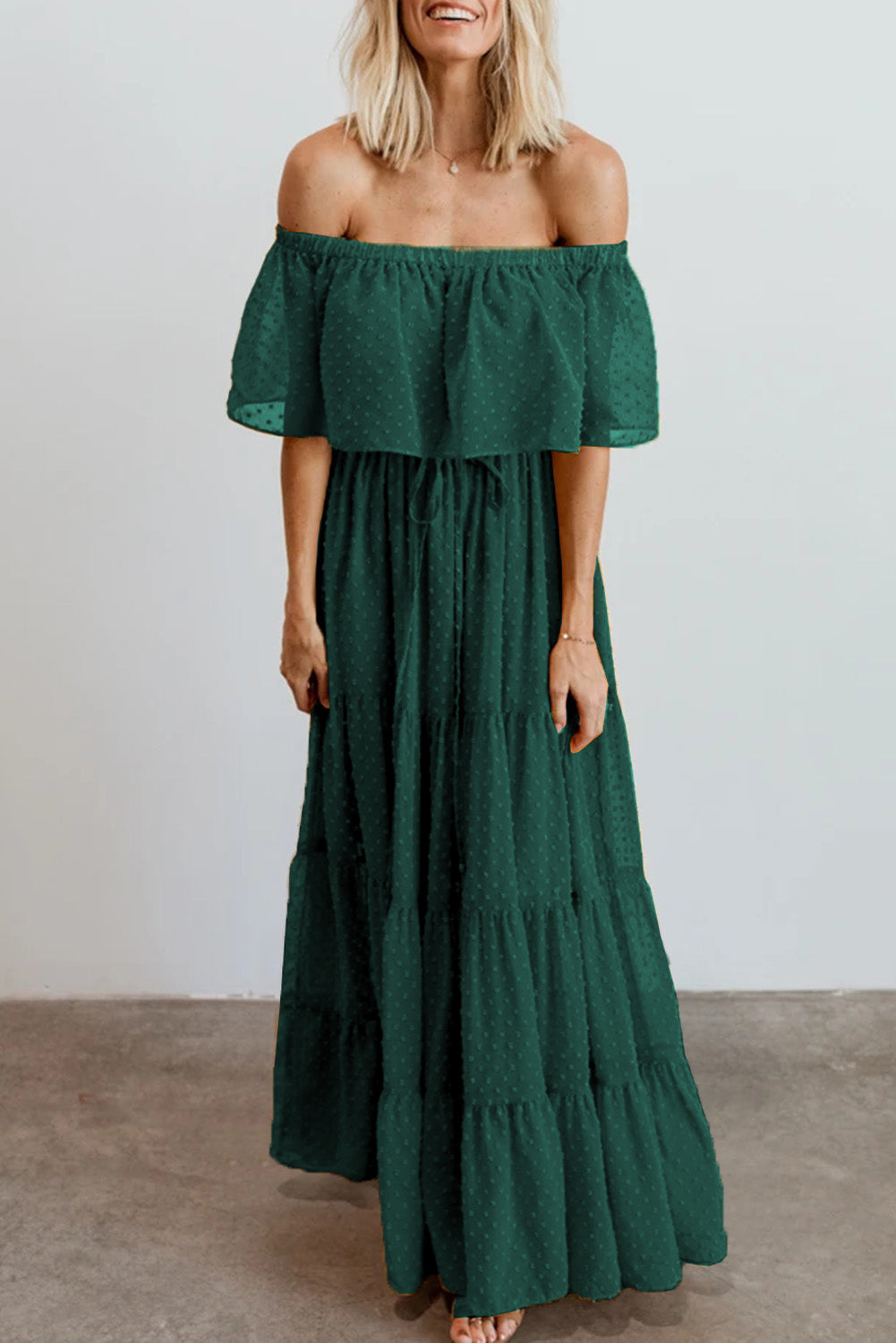 Green Off Shoulder Ruffle Swiss Dot Maxi Dress