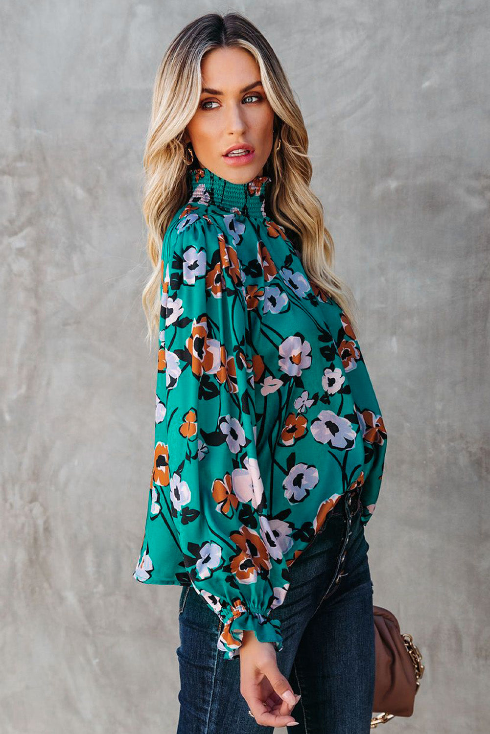 Floral Print Smocked Neck Blouse