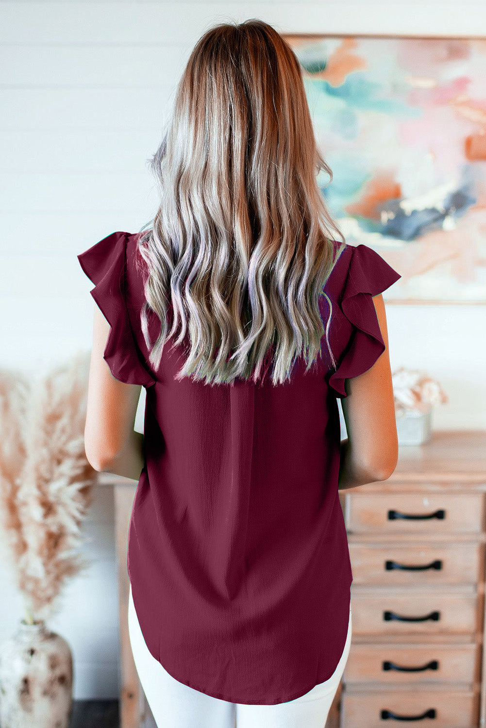 Red Ruffled Sleeveless V Neck Top