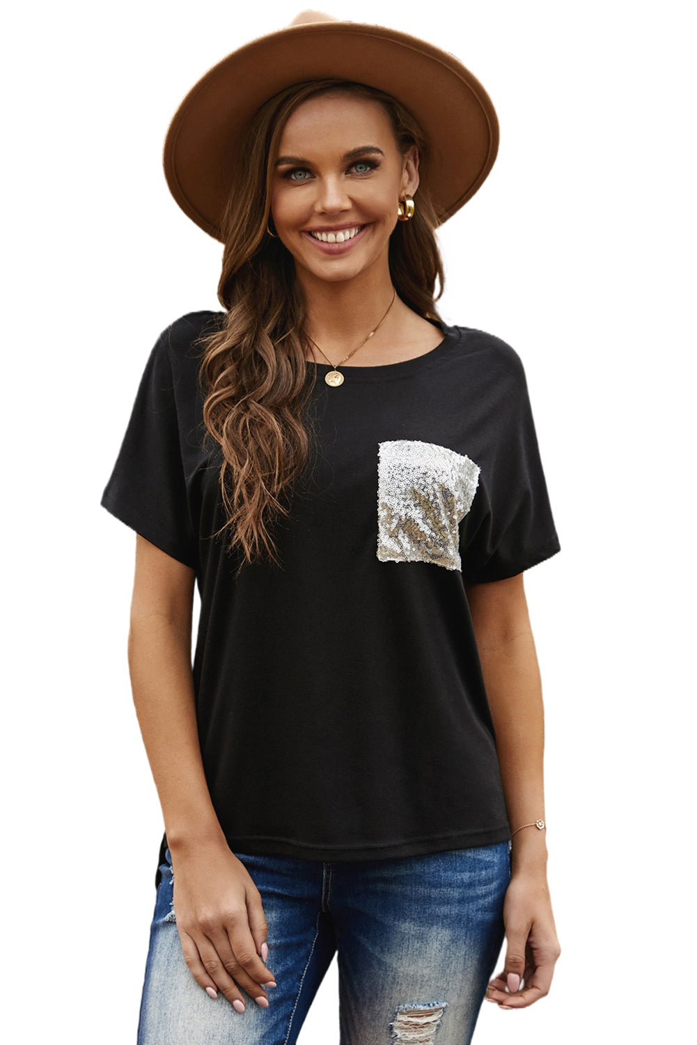 Sequin Pocket Black Short Sleeve T-shirt