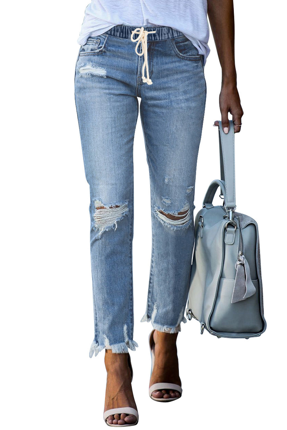 Light Blue Elastic Waist Raw Hem Jeans