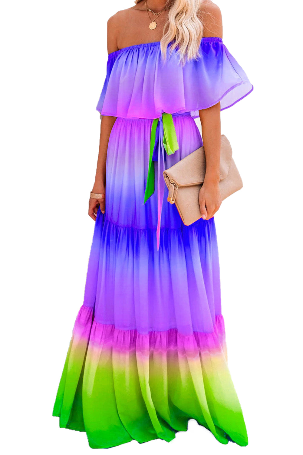Purple Printed Off-the-shoulder Tiered Maxi Dress