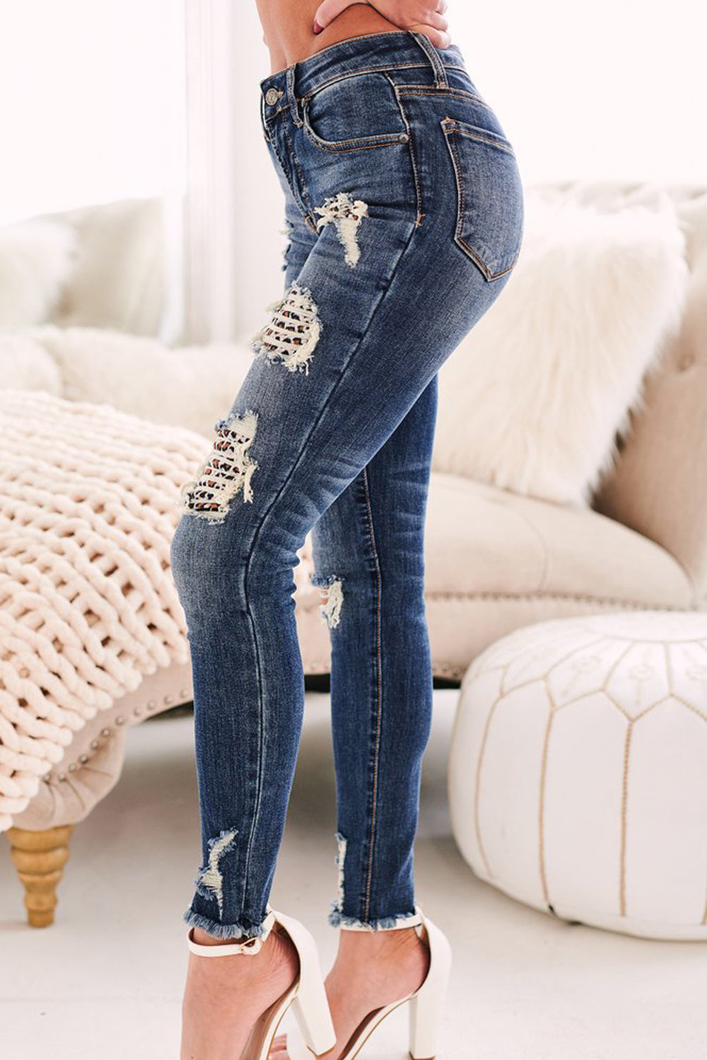 Mid Rise Leopard Patches Distressed Jeans