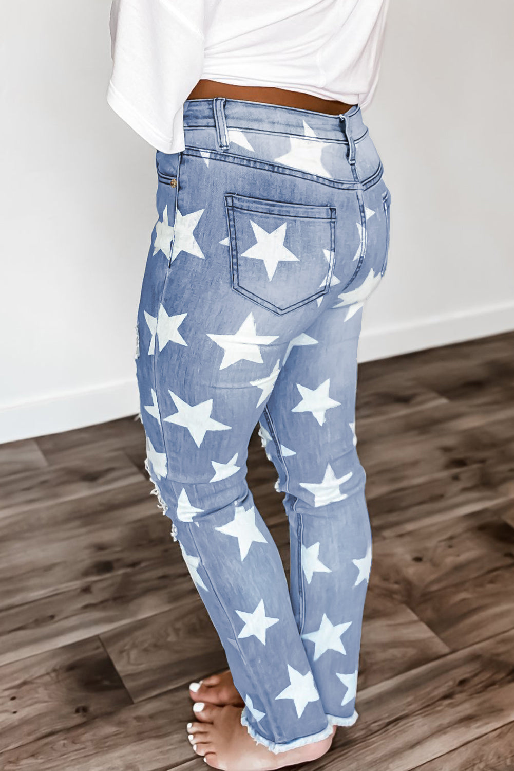 Ripped Star Print Mid Waist Jeans
