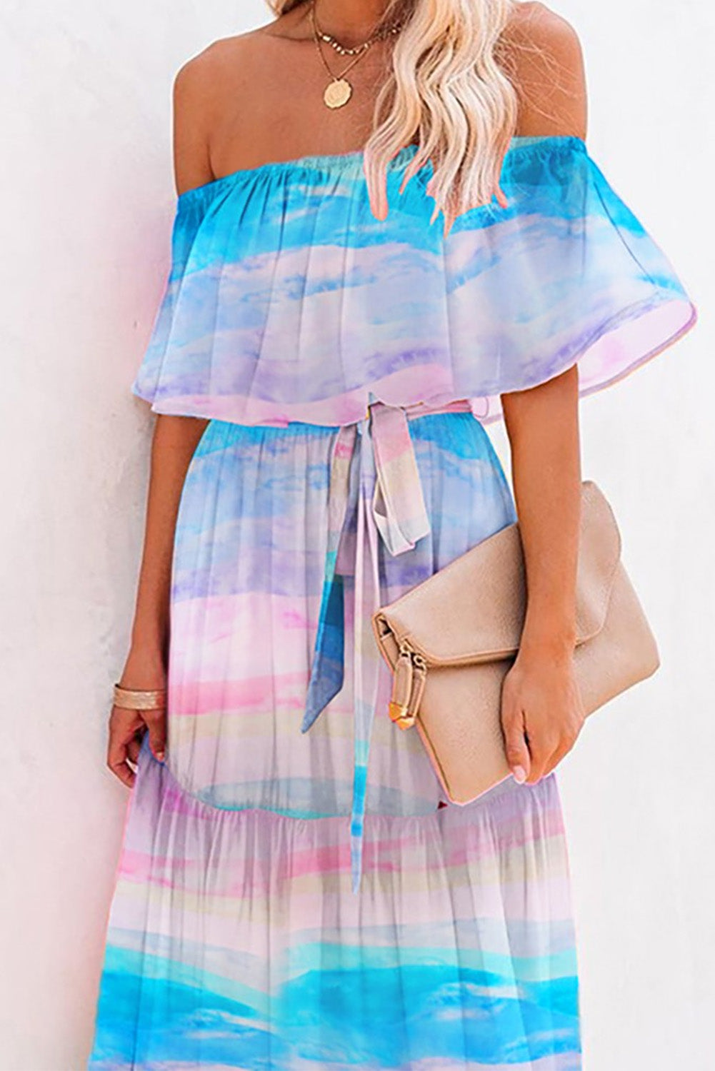 Sky Blue Printed Off-the-shoulder Tiered Maxi Dress