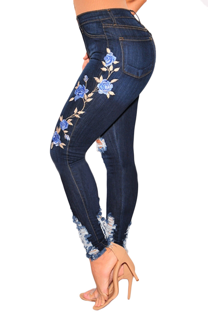Dark Denim Embroidered Destroyed High Waist Skinny Jeans