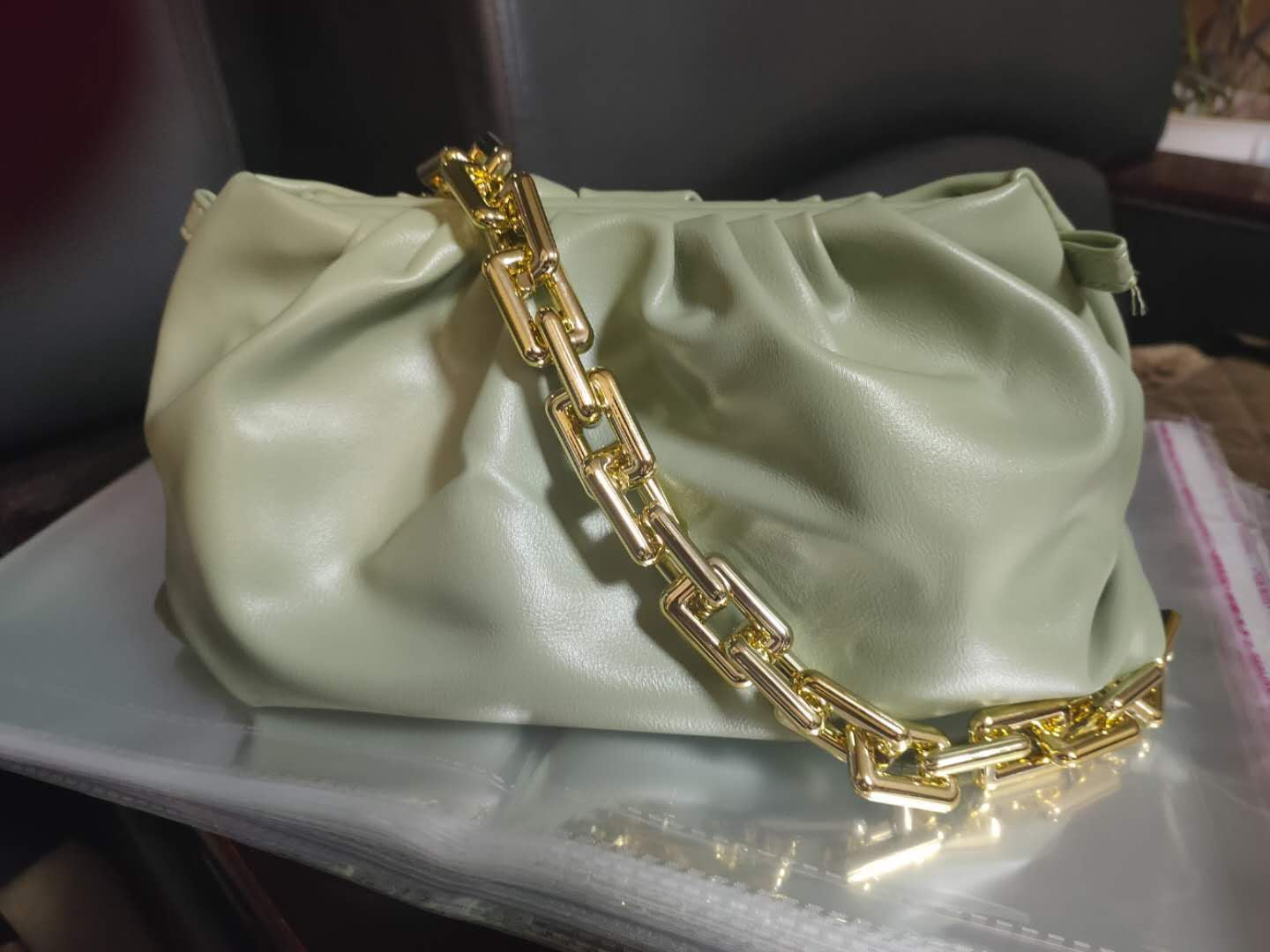 Ruched Purse with Gold Chain Strap