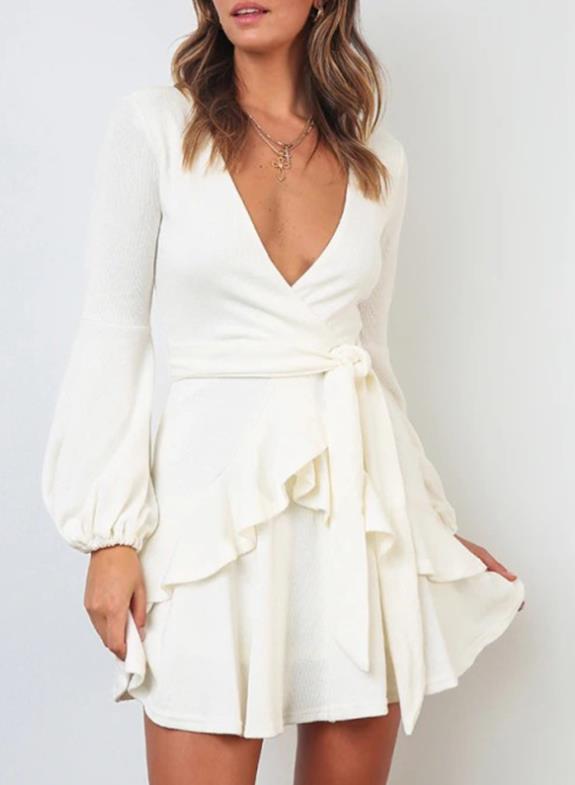 Long Sleeve Ruffled Mini Wrap Dress