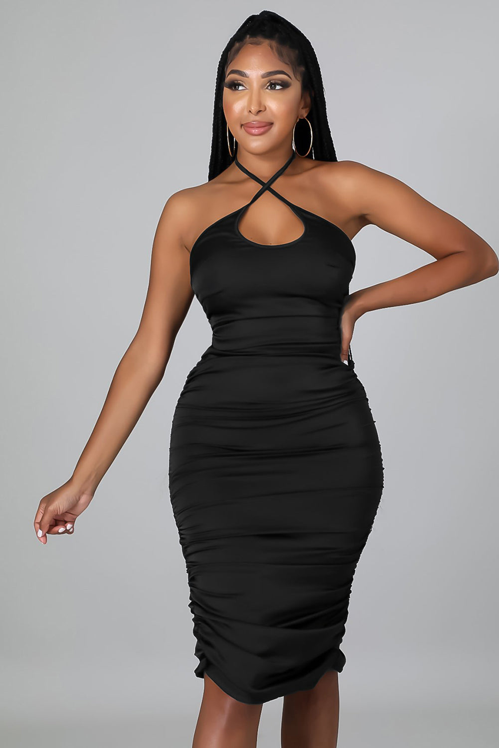Black Halter Neck Ruched Bodycon Midi Dress