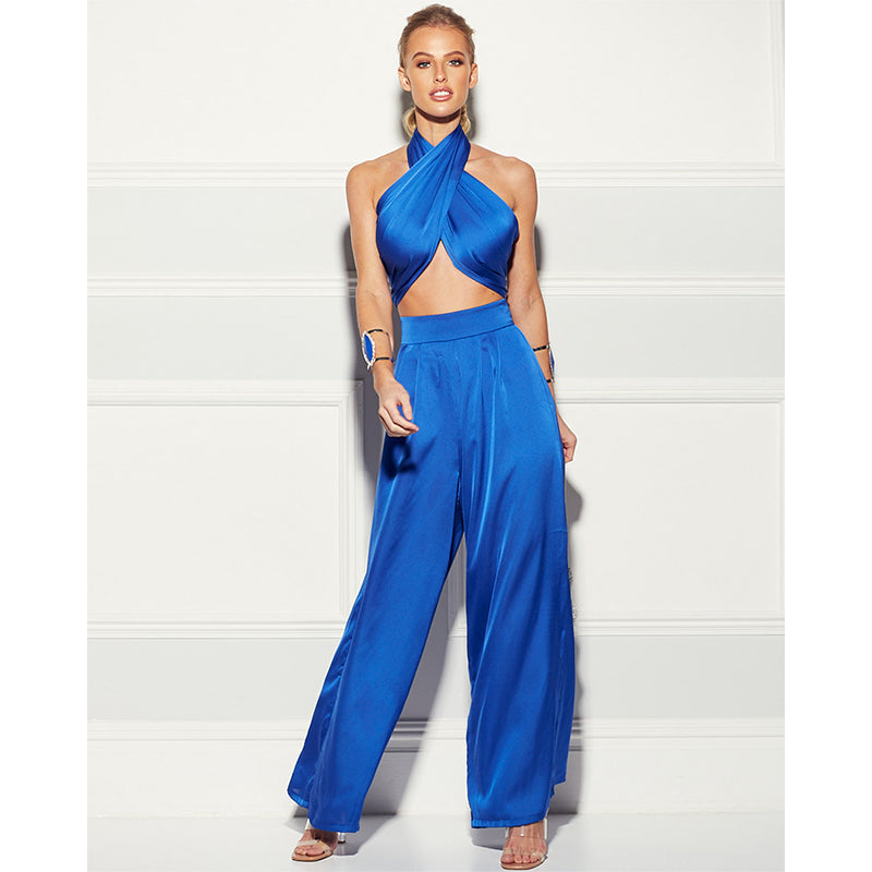 Satin Wrap Top with Matching Pants