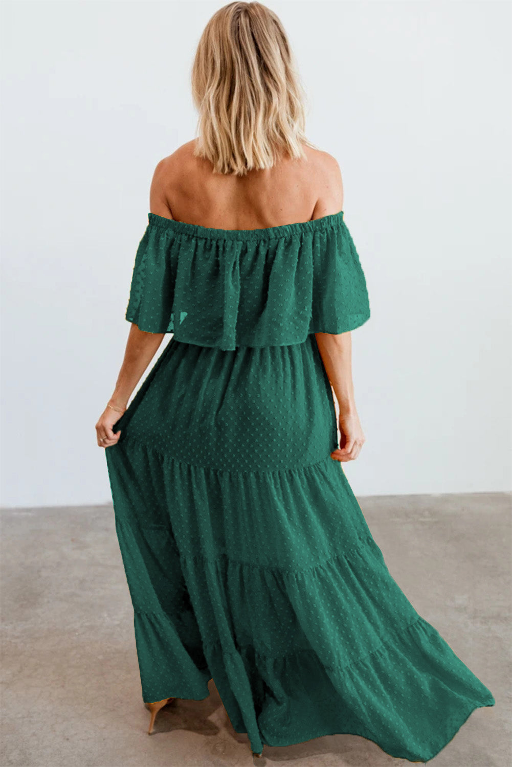 Green Off Shoulder Ruffle Swiss Dot Maxi Dress