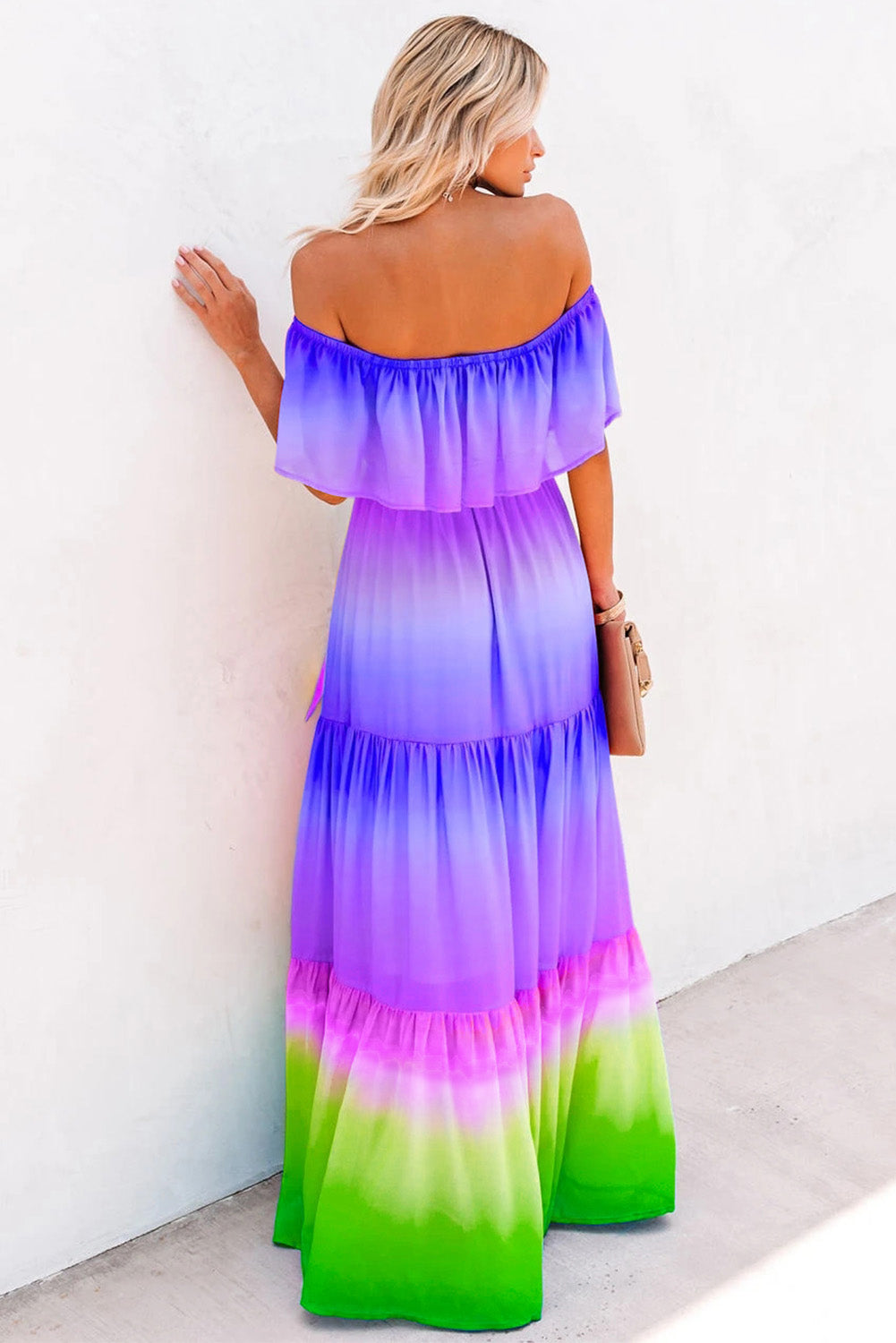 Purple Printed Off-the-shoulder Tiered Maxi Dress
