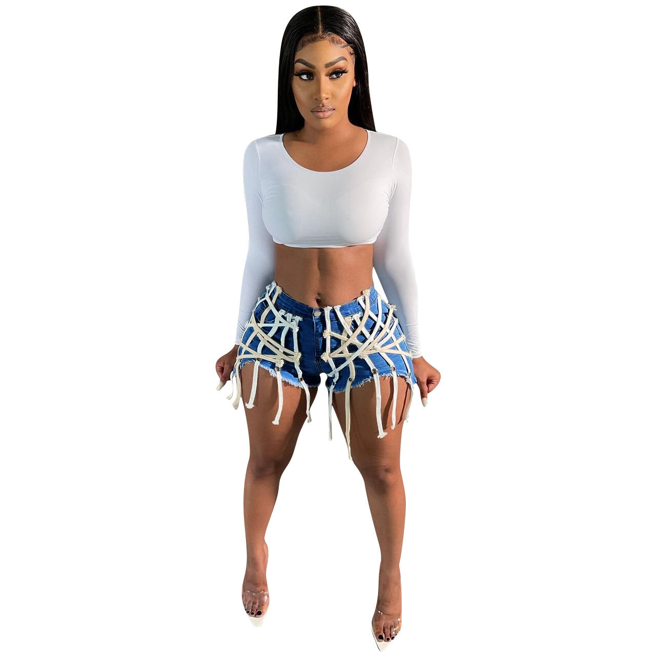 Straps Galore Stitched Denim Shorts
