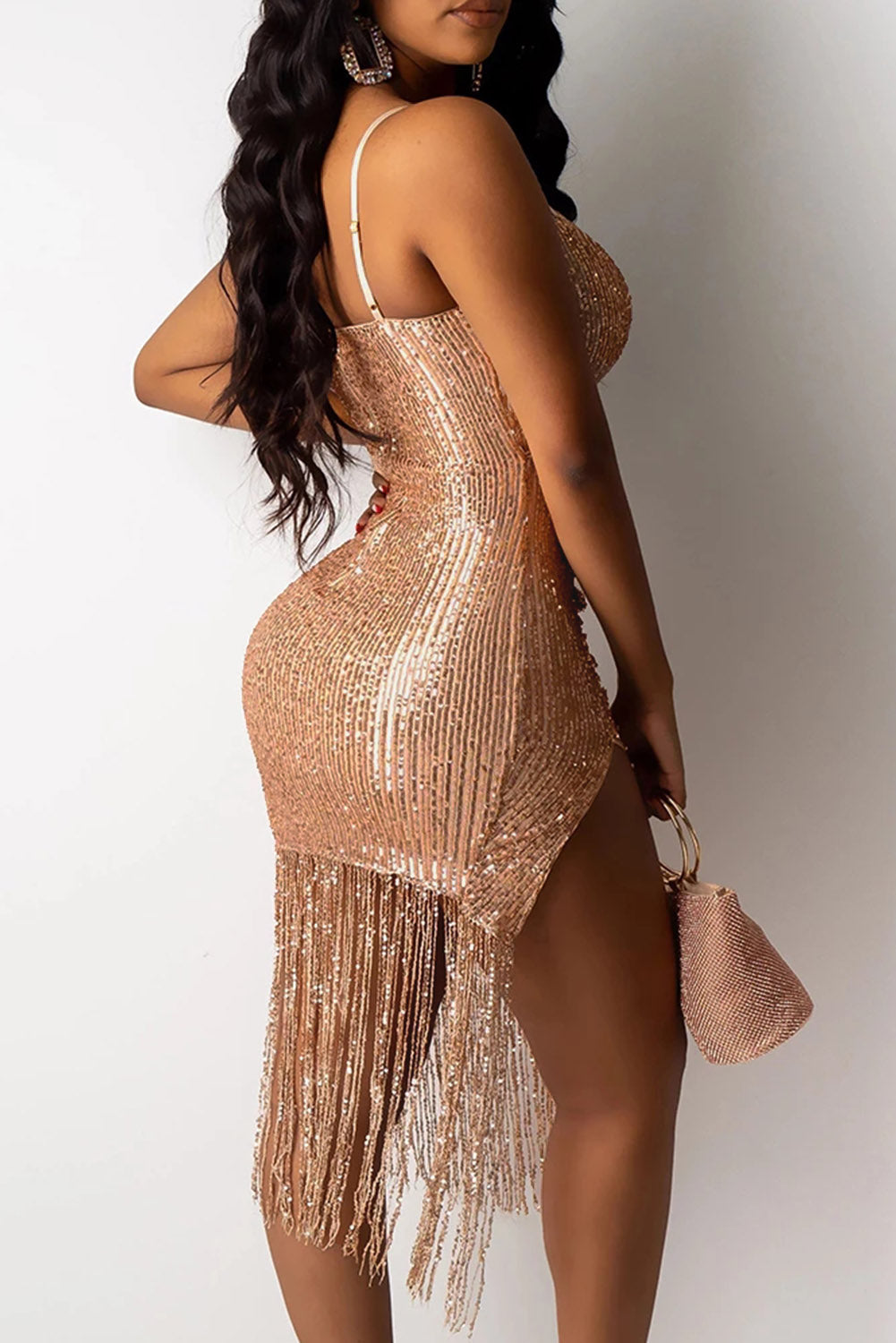 Rose Gold Sequins Fringe Dress